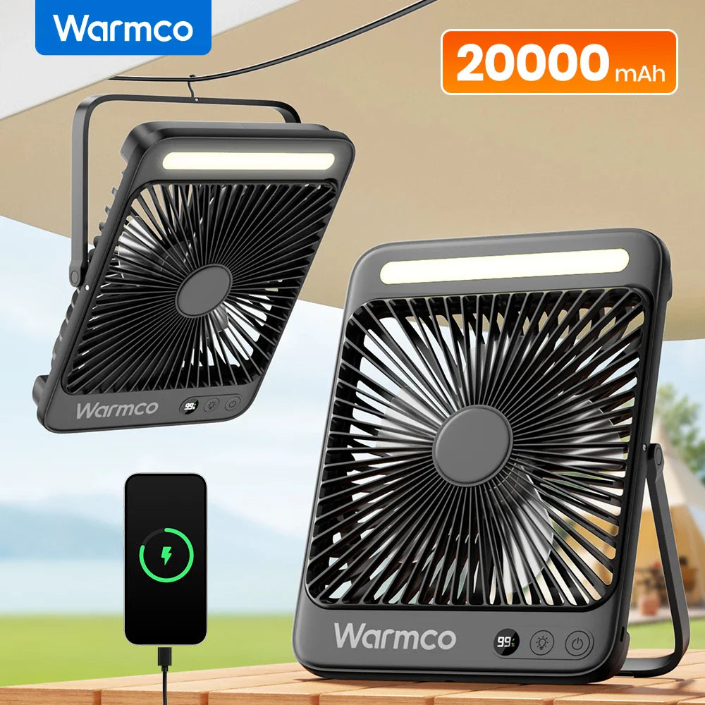 Warmco D4 Portable Desk Fan – 8" Rechargeable Camping Fan with 20000mAh Battery, Light, 48H Runtime, Silent Operation, Digital Display