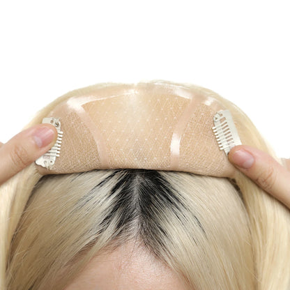 14" Gray Blonde Human Hair Topper – Mono Lace Base, 4 Clips, Natural Look for Thinning Hair
