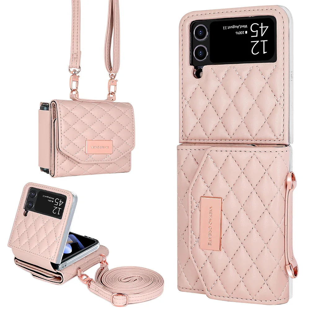 VIETAO Leather Wallet Phone Case with Crossbody Strap — Pink Purse Case for Samsung Galaxy Z Flip 3/4/5/6/7