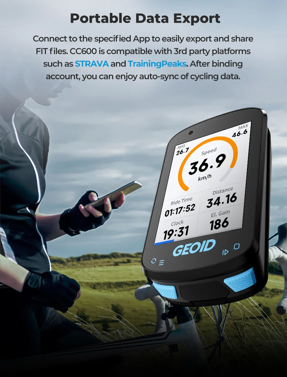 GEOID CC600 Bike Computer – Color Screen Smart GPS Speedometer with Wireless ANT+, WIFI, 11 Languages & Cycling Odometer