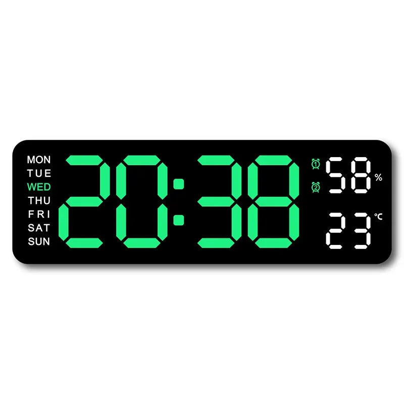 9-Inch Digital Wall Clock — USB Powered LED Table Clock with Temperature, Humidity, Week Display, Auto Dimmer, DST, 12/24H & Alarm