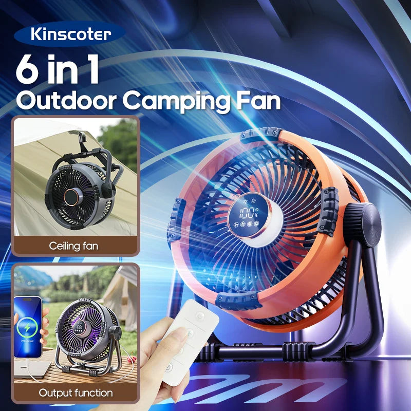 KINSCOTER 6-in-1 Portable Camping Fan — 20000mAh Rechargeable Outdoor Fan with 4 Speeds, Hook & LED Light