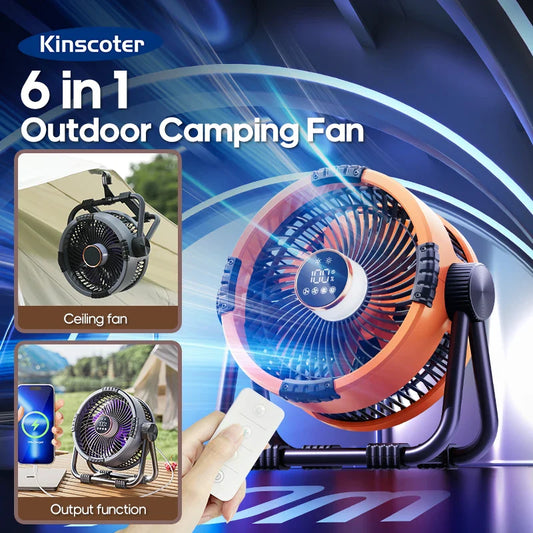 KINSCOTER 6-in-1 Portable Camping Fan — 20000mAh Rechargeable Outdoor Fan with 4 Speeds, Hook & LED Light