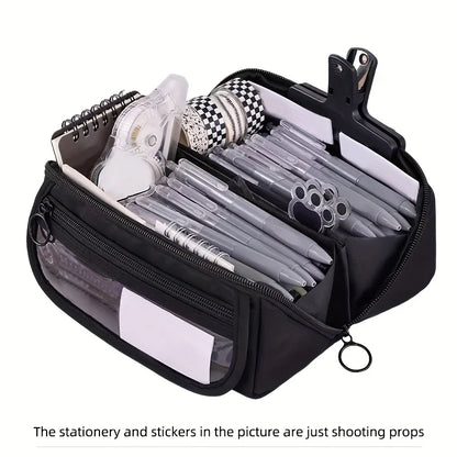 Large Capacity Multi-Compartment Pencil Case Organizer – Desktop School & Office Storage Bag in Pink, Purple & Black