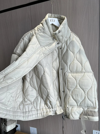 2024 ETJ Quilted Women's Coat – Beige Drawstring High Neck Jacket with Ties & Pockets