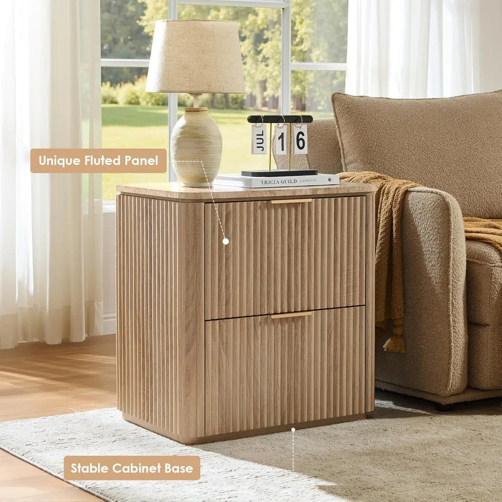 Fluted Nightstand Set of 2 – Solid Wood Bedside Tables with 2 Drawers, Faux Marble Top, Curved Corners & Metal Handles