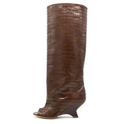 2025 Women’s Fish Mouth Knee-High Boots – Thick Slant Heel Fashion High Heels Spring Summer Large Size