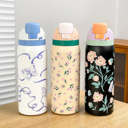 34oz Stainless Steel Water Bottle — Floral Two-Tone Insulated Bottle with Leakproof Sport Lid & Handle, 24H Hot & Cold