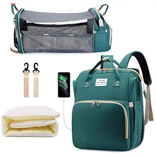 3-in-1 Diaper Bag Backpack – Waterproof Travel Bag with Foldable Baby Bed & USB Charging