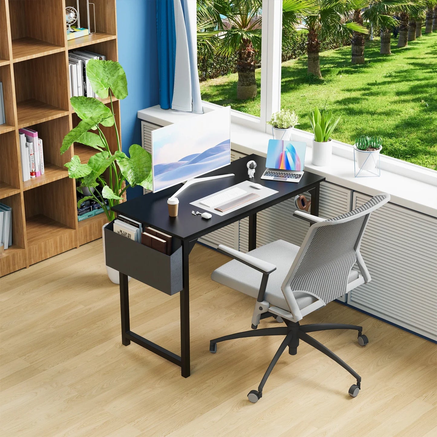 Computer Desk – Modern Compact Writing & Gaming Table with Side Bag, Headphone Hook, Easy Assembly