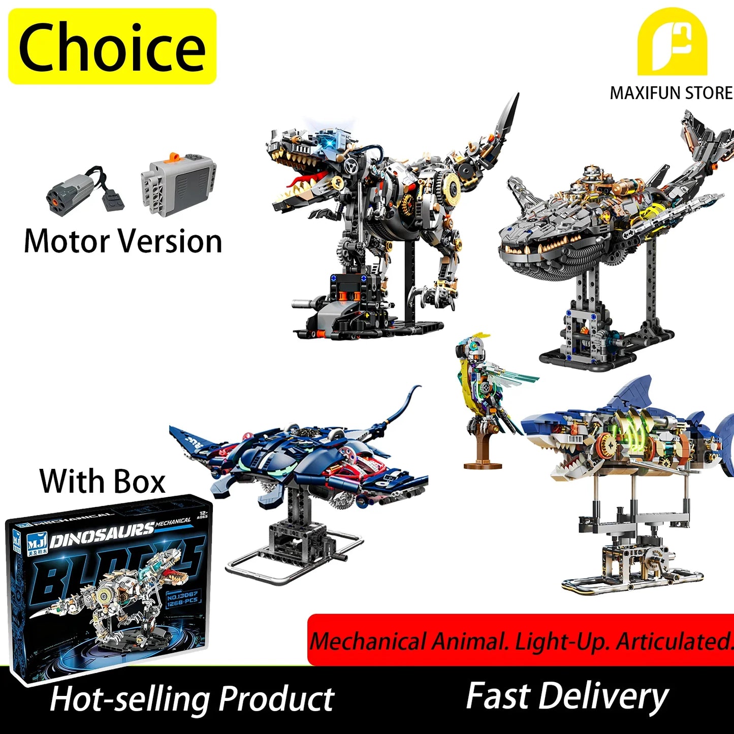 Mechanical Animal Building Blocks – T-Rex, Whale, Parrot, Devil Ray & Shark Model with Lights for Kids & Adults