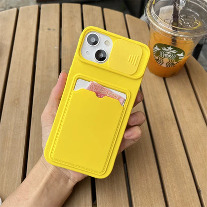 Slide Camera Protection Wallet Phone Case for iPhone – Soft Silicone Card Holder Cover for iPhone 16/15/14/13/12/11 Pro Max, XR, XS Max, 8 Plus Safety Case