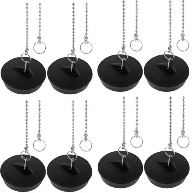 8/2PC Universal Sink Plug — Rubber Drain Stopper with Round Beaded Chain for Kitchen & Bathroom