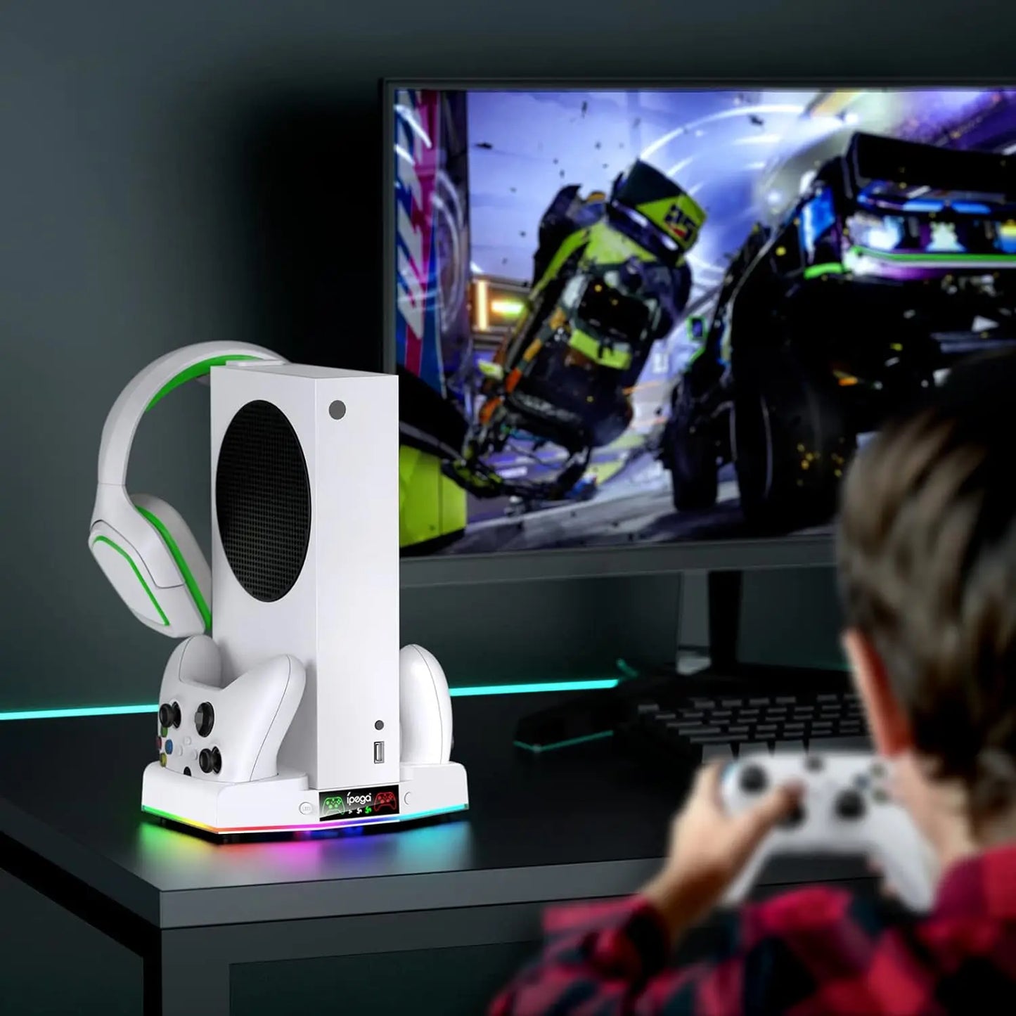 IPEGA Cooling Fan Stand for Xbox Series S – Controller Charging Dock with 15 RGB Lights, Headset Hook, and Charging Station