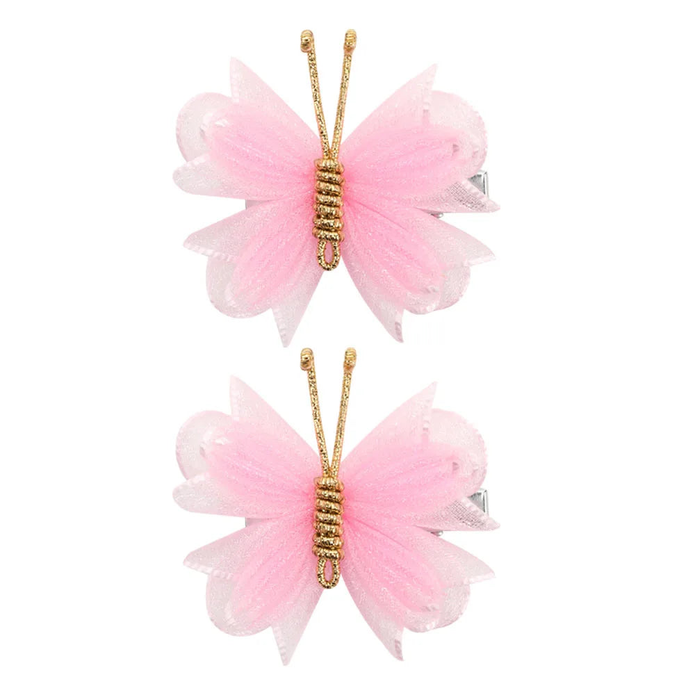 Butterfly Hair Clips with Gold Flocking - 2-Piece Gradient Gauze Hairpins for Girls