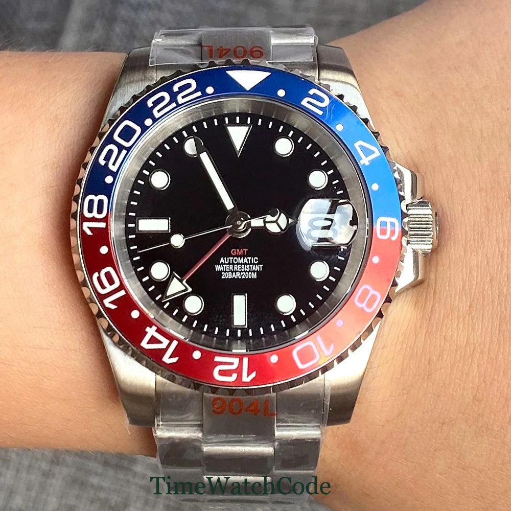 Tandorio 40mm Men’s Automatic Watch – NH34A Movement, GMT Function, Luminous Black Dial, Sapphire Crystal, Auto Date & Rotating Bezel