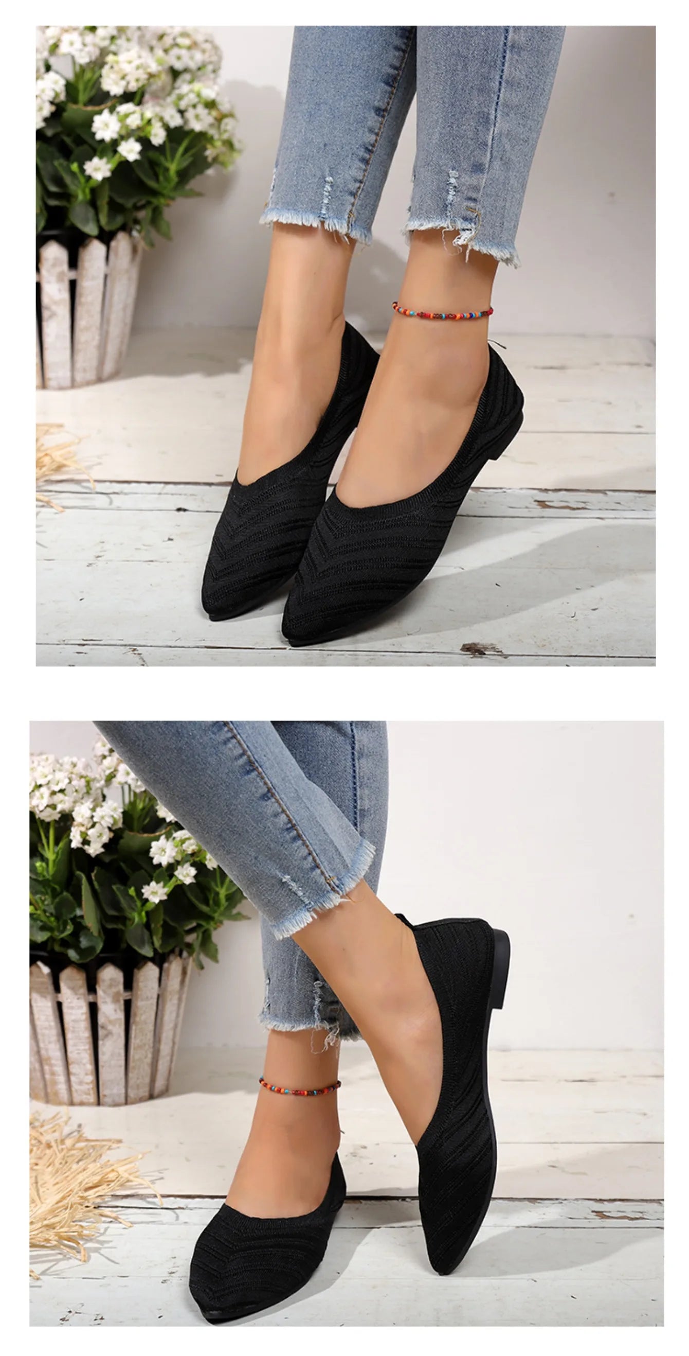 Women’s Solid Color Pointed Toe Knitted Slip-On Flats – Casual Breathable Ballet Loafers