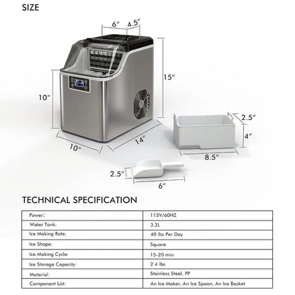 40LBS/24H Portable Ice Maker – Compact with Top Water Inlet, Auto Self-Cleaning, 15 Ice Cubes in 24 Minutes