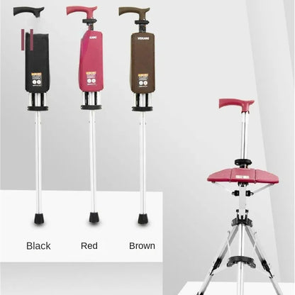 Multi-Functional Non-Slip Walking Stick with Seat – One-Key Foldable Crutch Chair, Triangular Bracing Elderly Hiking Pole Walker