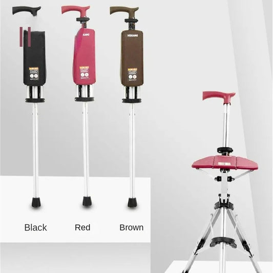 Multi-Functional Non-Slip Walking Stick with Seat – One-Key Foldable Crutch Chair, Triangular Bracing Elderly Hiking Pole Walker
