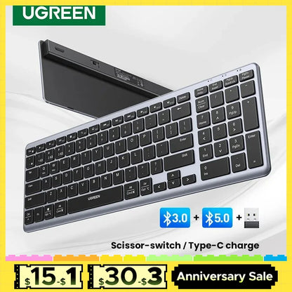 UGREEN Wireless Bluetooth 5.0 & 2.4G Keyboard – 99 Keycaps Russian/Korean/English, USB-C Rechargeable for MacBook, iPad, PC & Tablet