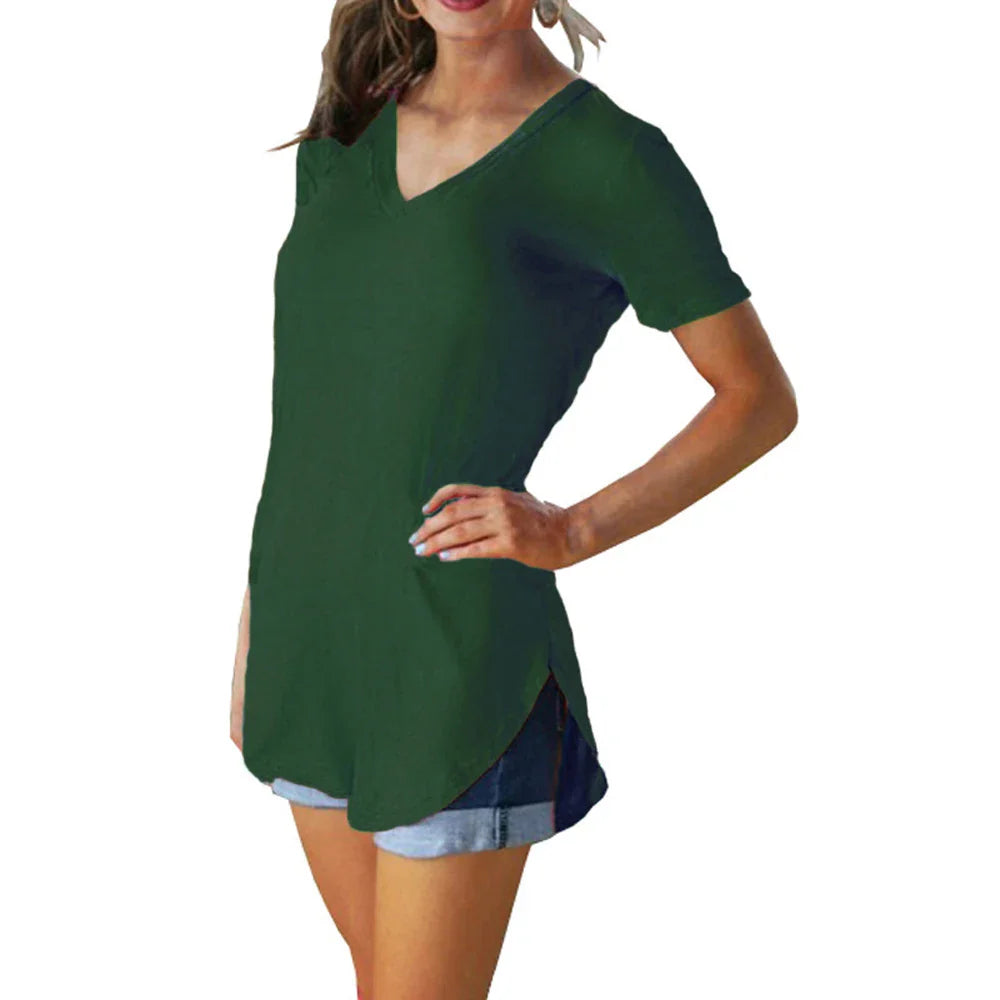 Women’s Summer V-Neck Blouse – Short Sleeve Loose Solid Color T-Shirt with Curved Hem