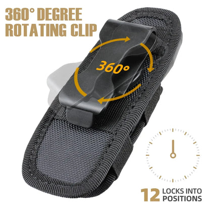 Tactical Flashlight Pouch Holster – Rotatable Belt Clip Holder with 360-Degree Carabiner Reel Clip for Torch Carrying