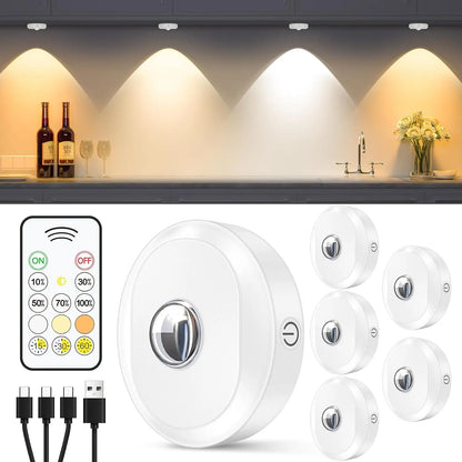WILLED 6PCS RGB Rechargeable LED Night Lights – Remote Control, Dimmable & Timer Function for Kitchen, Cabinet & Shelf Lighting