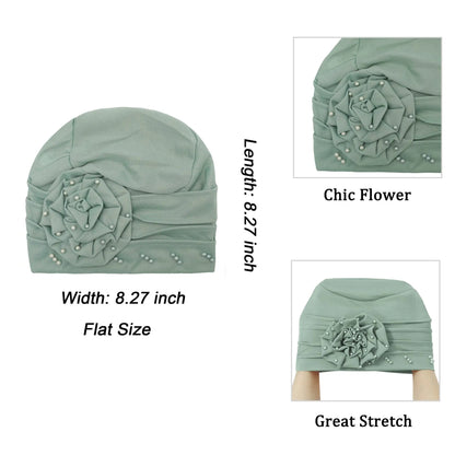 2024 Pearl Embellished Muslim Turban Beanie for Women – Elastic Hijab Headwrap with Flower Chemo Cap