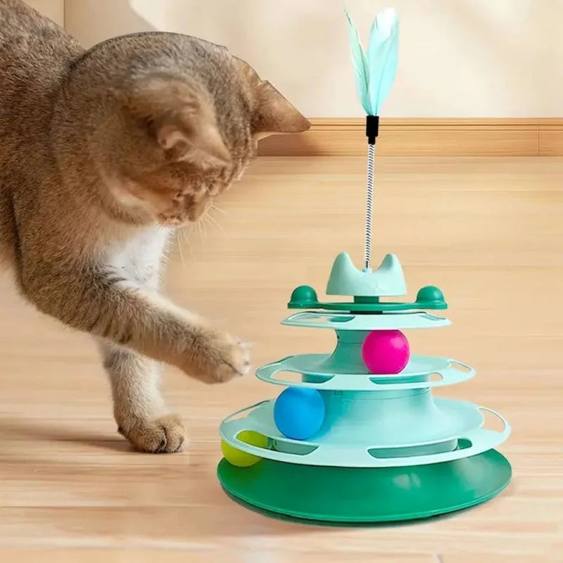 Interactive Cat Toy Tower - Kitten Turntable Track Roller Balls & Feather Training Toy