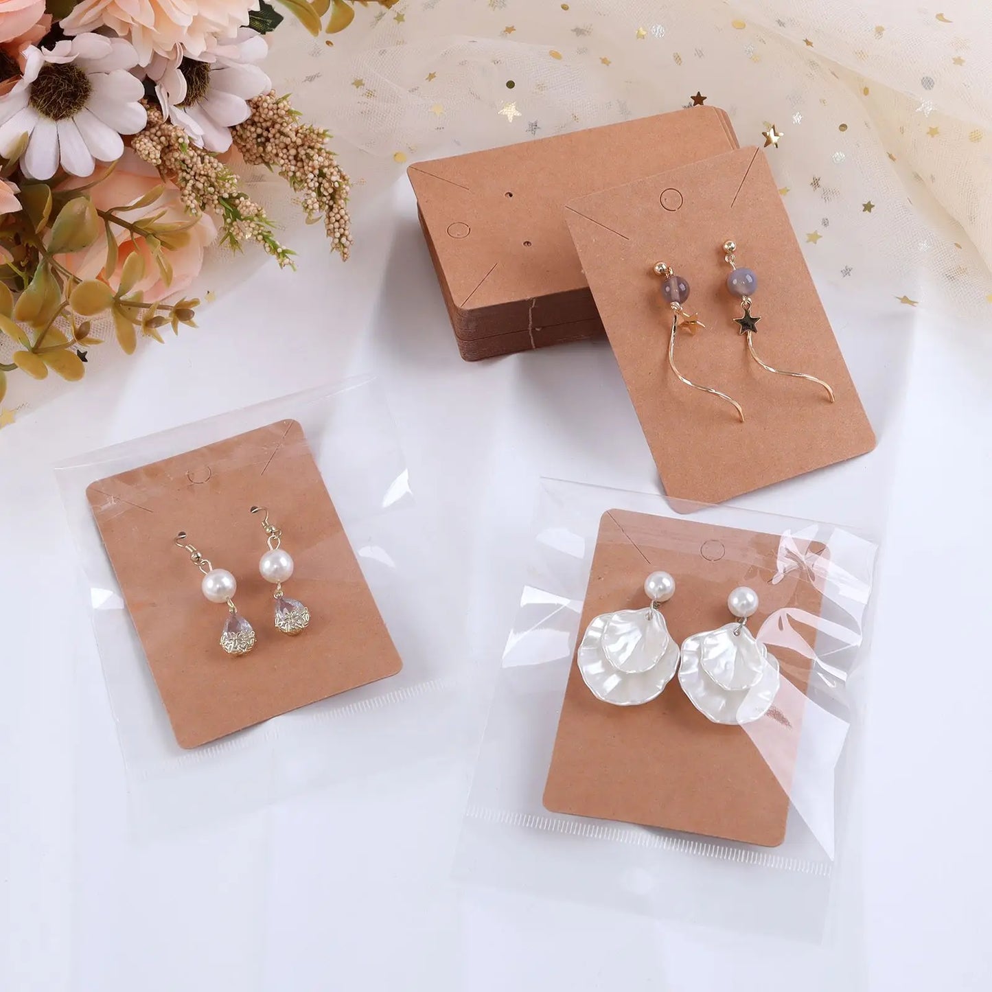 50PCS Jewelry Display Cards — Self-Seal Cardboard Hang Tags for Earrings & Necklaces, Jewelry Organizer Packaging