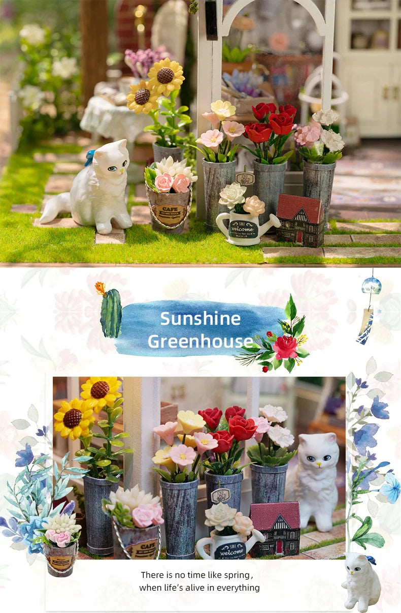 DIY Wooden Sunshine Greenhouse Cottage – Miniature Dollhouse Kit with Furniture for Friends' Gifts