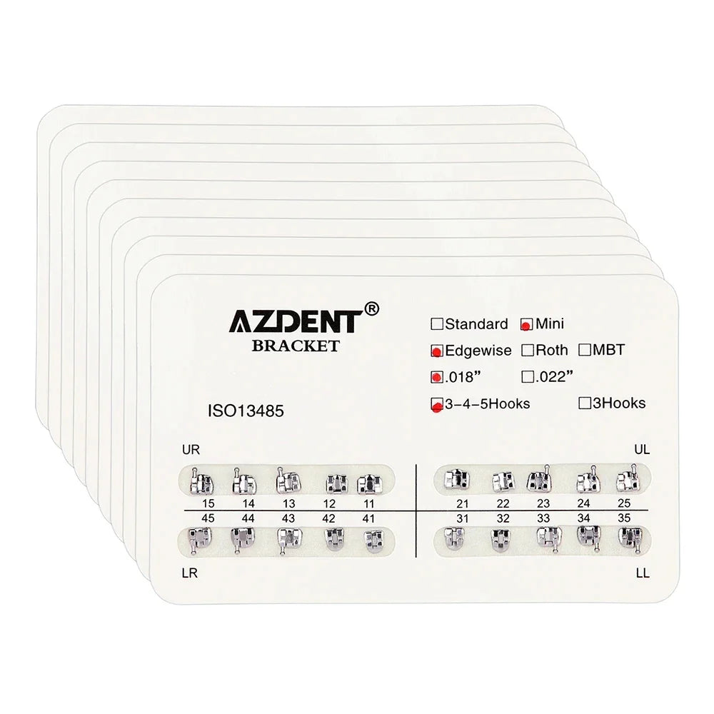 AZDENT 10 Packs Dental Brackets – Orthodontic Metal Mini Standard Roth MBT Slot 0.022/0.018 with Hooks, 20 Pcs per Pack