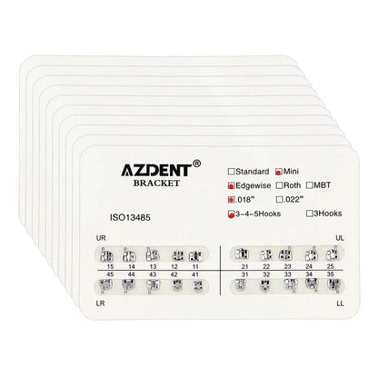 AZDENT 10 Packs Dental Brackets – Orthodontic Metal Mini Standard Roth MBT Slot 0.022/0.018 with Hooks, 20 Pcs per Pack