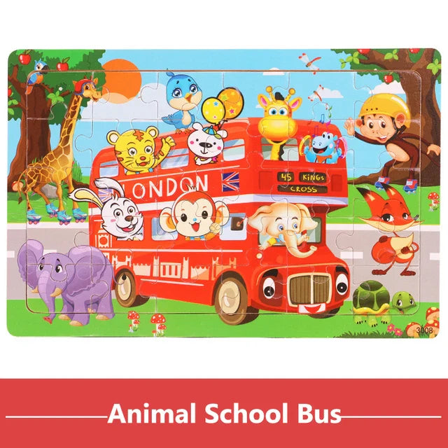 30PCS Montessori Wooden 3D Cartoon Animal Puzzle – Educational Jigsaw Board Game for Kids