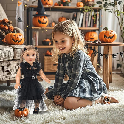 18-Inch Girl Doll Halloween Dress – Wednesday Outfit for 43–45cm American Girl Dolls, Skirt & Toy Gift Set
