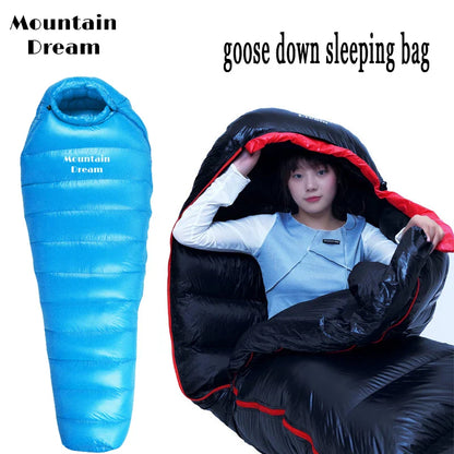 Winter Down Sleeping Bag for Adults – Mummy Style White Goose Down, Warm & Three-Season Camping Bag