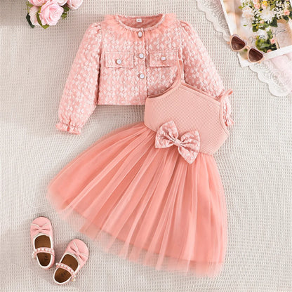 Girls' Summer & Fall 2-Piece Set – Tulle Patchwork Slip Dress with Flower Jacket, Casual Outfit for Ages 2-8Y
