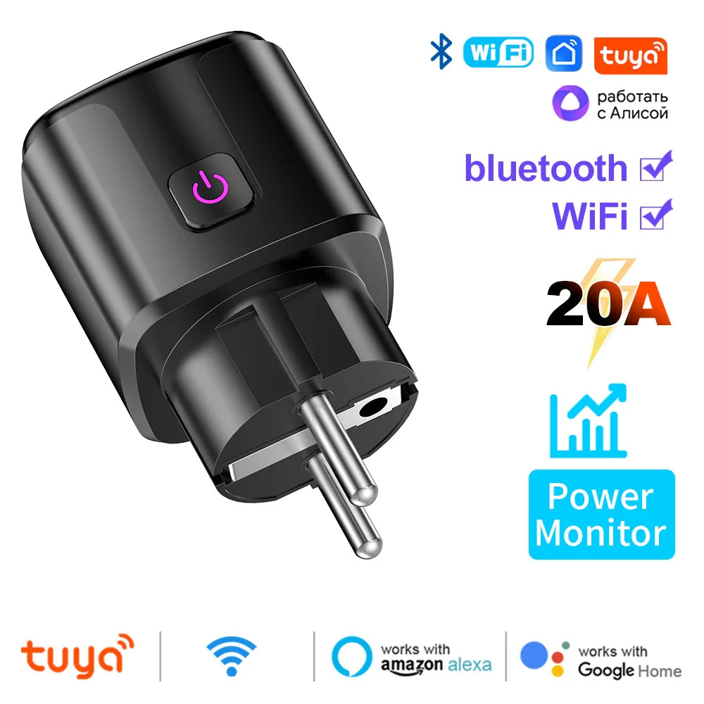 WiFi 20A Smart Socket with Power Monitoring – Tuya EU Plug Timer, Child Lock Outlet Compatible with Google Home, Alexa & SmartThings