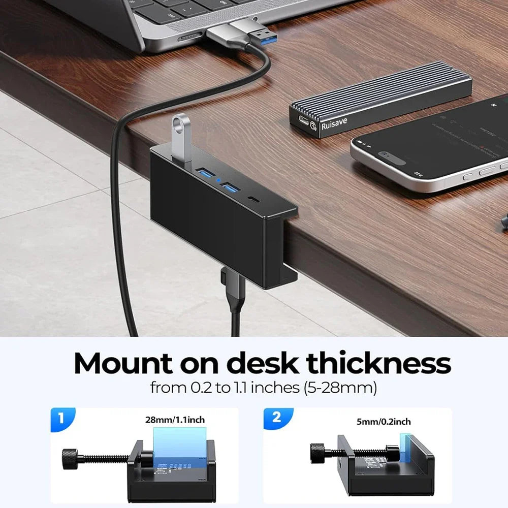 Aluminum 4-Port USB 3.0 Hub — High-Speed Clip Hub with Power Supply, 5–10Gbps Data Transfer, USB 3.2 for Mac & PC