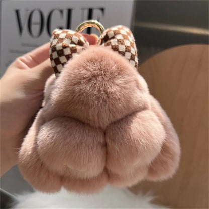 Hair Bow Rabbit Fur Keychain – Cute Fluffy Bunny Plush Bag Charm & Couple Pendant