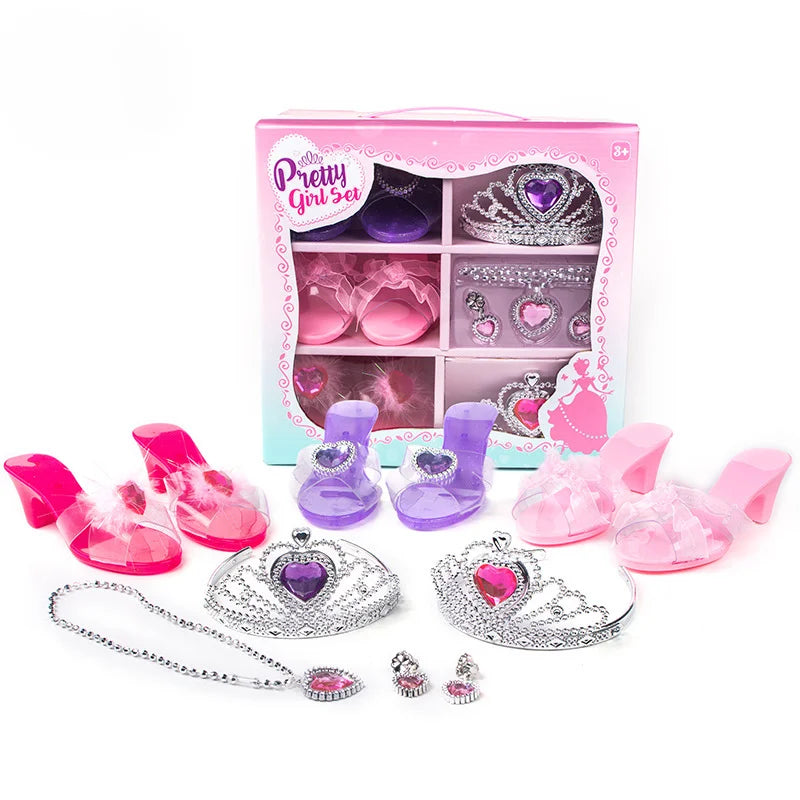 Girls Princess Jewelry Toy Set – Crystal Shoes, Necklace, Crown, Earrings & Bracelet for Role Play