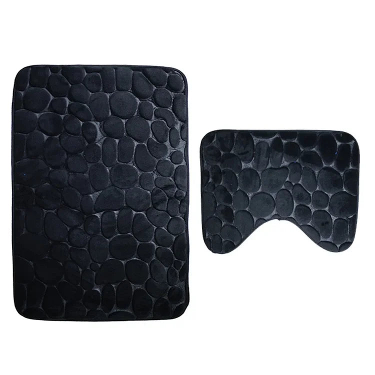 2PC Set Funnel Cobblestone Anti-Slip Bathroom Mat - Toilet Rug, New Bath Mat Set