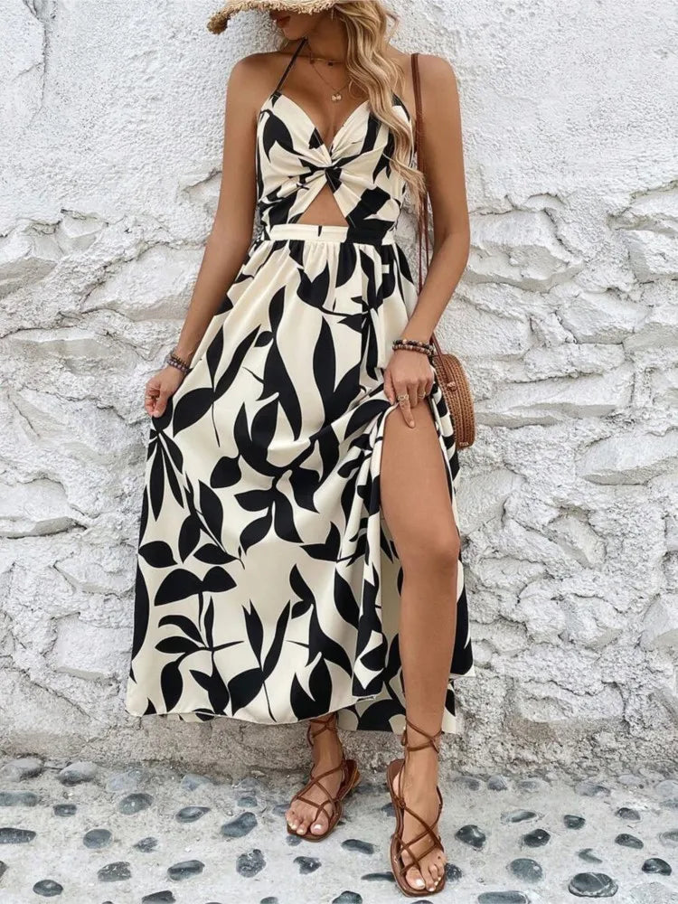 Women’s Summer Halter Neck Dress – Sexy Hollow Backless Lace-Up, Pleated Printed Casual Loose Split Dress