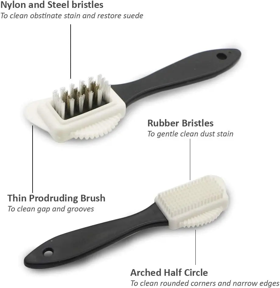 3 Sided Shoe Cleaning Brush for Suede and Nubuck - Stain and Dust Remover with Steel, Plastic and Rubber Bristles