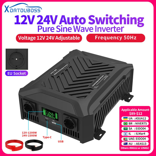 DATOU BOSS Pure Sine Wave Inverter — 12V/24V to 220V, 1200W-2300W, Peak 4000W