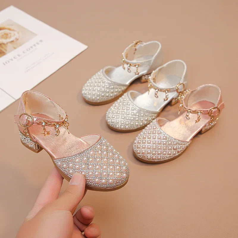 Girls’ Glitter High Heel Dress Shoes – Rhinestone Pendant Princess Shoes for Wedding & Party