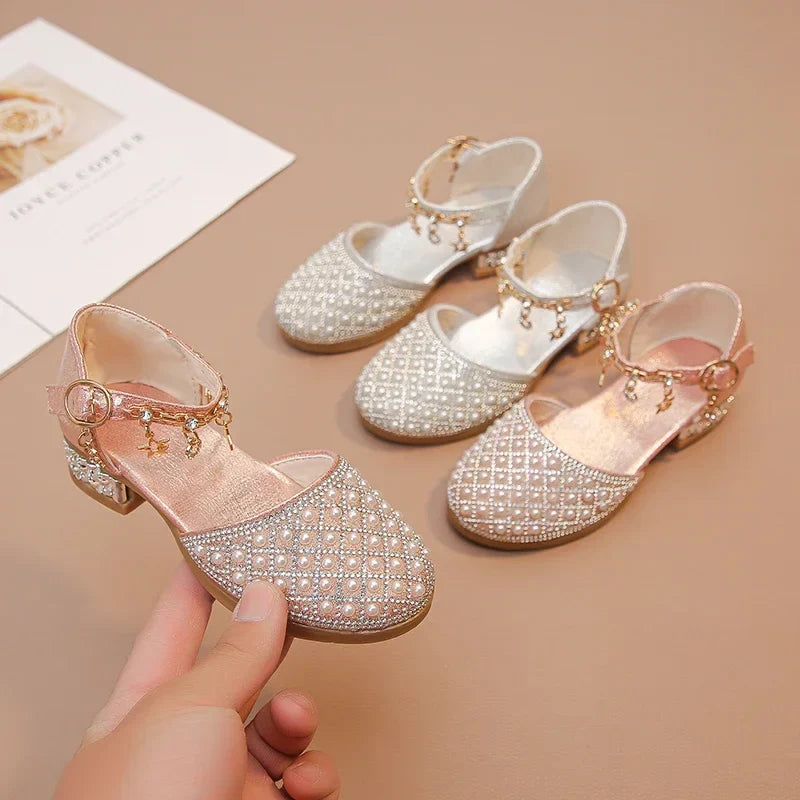 Girls Glitter Rhinestone High Heel Shoes - Princess Dress Shoes for Weddings and Parties