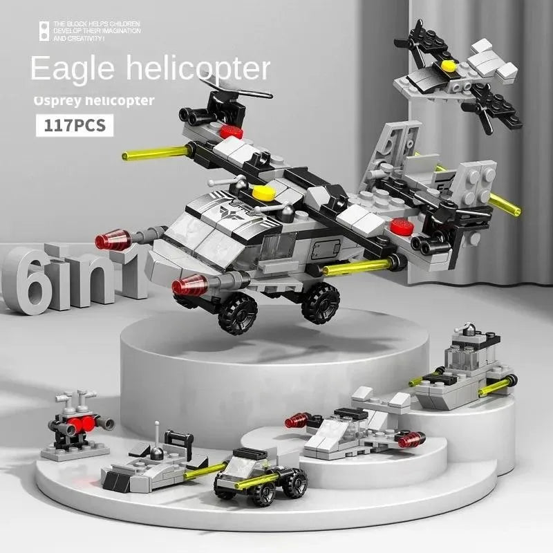 6-in-1 Police Truck Mech Dinosaur Building Blocks - Tank, Helicopter & Fire Truck Educational Toy