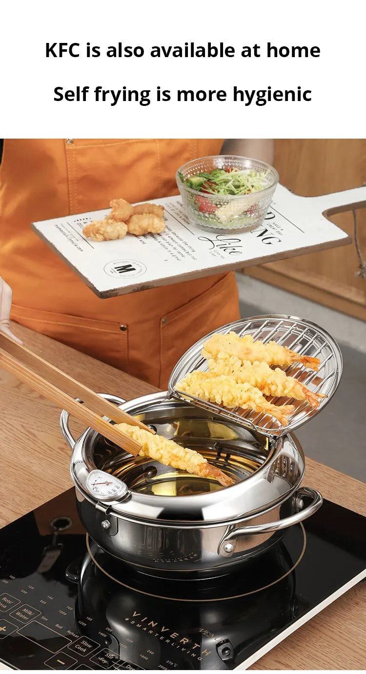 Stainless Steel Oil Thermometer with Cover – Small Frying Pan for Tempura, French Fries & Oil Saving